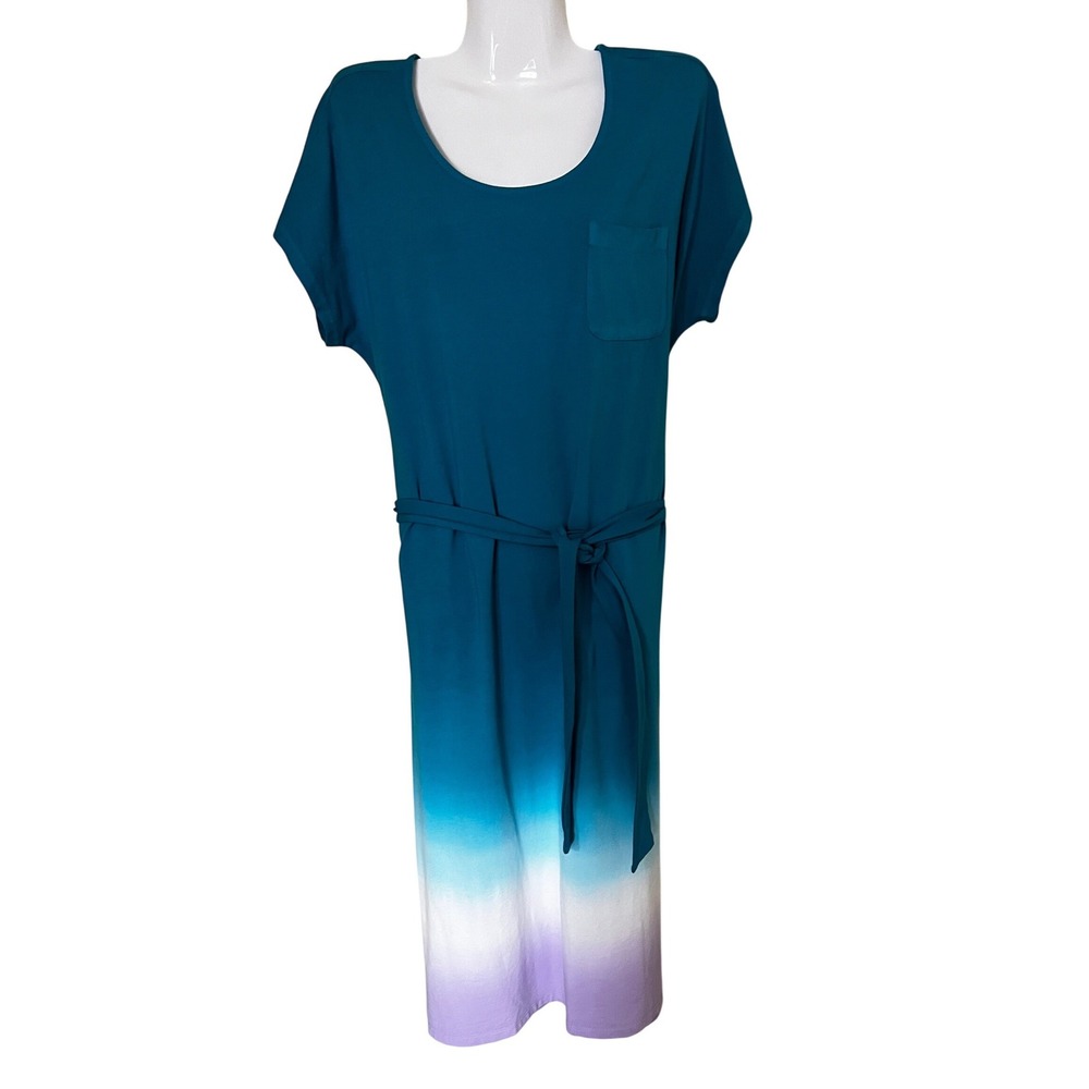 Lands End Ombre Tie Waist Midi Dress M Teal Blue Purple  Vacation‎ Beach Resort